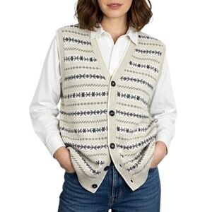 Vintage 80s 90s fair isle style beige cream cotton button front sweater vest S